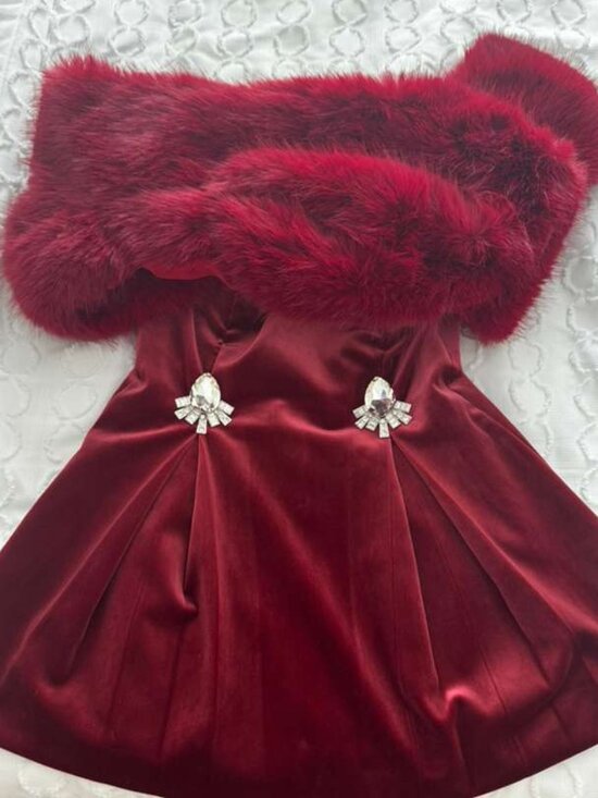 Mew Mews Dresses & Skirts - Mew Mew — Burgundy/Wine Satin Mini Dress + Fur Stole